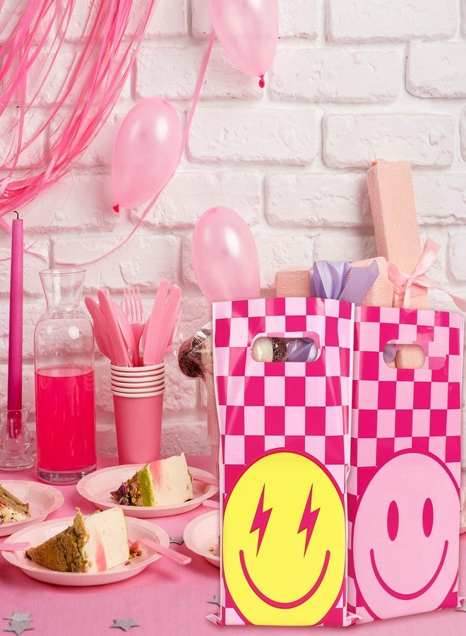 Whaline 50Pcs Preppy Party Favor Bag Pink Checkered Smile Face Treat Bags with Handles Plastic Candy Goodie Bags for Birthday Baby Shower Party Favors Supplies - Image 4